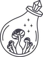 Simple line drawing of magic mushrooms growing in a glass jar with crystal top, sparks and stars, esoteric and mystical vibes, witchcraft and magic concept vector