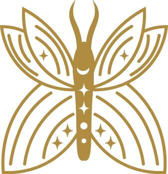 Mystical golden butterfly with crescent moon and stars on its wings and body, symbolizing spirituality, transformation, and connection to the cosmos vector