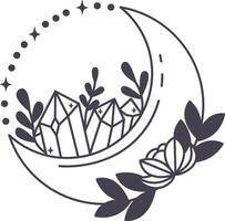 Crystals growing inside a crescent moon decorated with plants and surrounded by shining dotted stars, forming a mystical and elegant composition vector