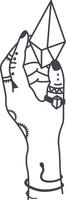 Hand adorned with various boho decorations, gracefully holding a clear quartz crystal, embodying an esoteric and spiritual concept in simple, elegant line art vector