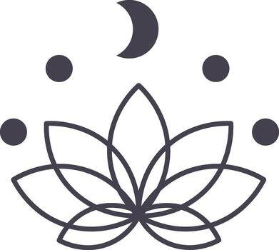 Minimalist line art illustration of a crescent moon shining over a blooming lotus flower and planets, creating a mystical and serene atmosphere vector
