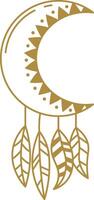 Stylized crescent moon glowing in golden hues, adorned with decorative feathers, evokes a mystical and bohemian atmosphere, inviting a sense of magic and tranquility vector