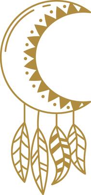 Stylized crescent moon glowing in golden hues, adorned with decorative feathers, evokes a mystical and bohemian atmosphere, inviting a sense of magic and tranquility