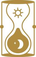 Gold hourglass featuring sun and moon inside, representing the passage of time from day to night. Symbolizing the continuous flow of moments, highlighting life's cycles and transitions vector