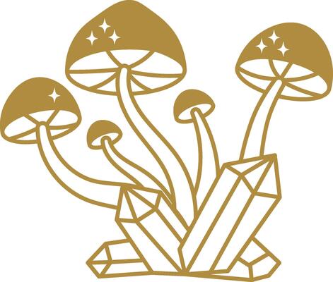Monochrome golden illustration featuring a cluster of stylized mushrooms sprouting from a bed of crystals, adorned with sparkling light effects