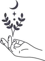 Line art drawing of a hand holding a branch with leaves, moon, and star, representing spirituality, magic, and connection with nature, suitable for esoteric or wellness projects vector