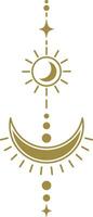 Golden line art illustration of celestial bodies forming a mystical pattern with sun, moon, stars and dots, evoking a sense of magic and spirituality, ideal for esoteric and spiritual designs vector