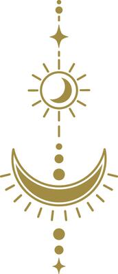 Golden line art illustration of celestial bodies forming a mystical pattern with sun, moon, stars and dots, evoking a sense of magic and spirituality, ideal for esoteric and spiritual designs