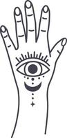 Open hand with eye, crescent moon and stars creating a mystical and esoteric symbol, representing spirituality, intuition, and connection to higher realms vector