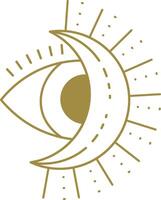 Golden esoteric symbol representing an eye and a crescent moon radiating light beams and small dots, ideal for spirituality, occultism, and magic themes vector