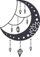 Mystical crescent moon adorned with dangling crystals and intricate floral patterns, evoking a sense of celestial magic and ethereal beauty vector