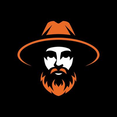 Stylized Portrait of a Man with a Beard and Cowboy Hat in Orange and White on a Black Background, Ideal for Western or Outdoor Brands
