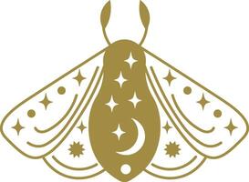 Mystical golden moth with open wings, decorated with crescent moon, stars and dots, flying in the night sky, representing esoteric concepts and spirituality vector