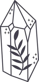 Minimalist illustration featuring a crystal with a magical plant thriving inside, surrounded by shimmering sparkles, creating an enchanting and mystical atmosphere vector