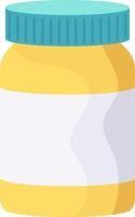 Creamy peanut butter filling a yellow plastic jar with blank white label and blue screw cap, ideal for branding and mockups, representing breakfast, snacks, and healthy eating vector
