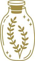 Golden leaves are preserved in a magic potion bottle with cork, creating a mystical and enchanting image, perfect for projects related to magic, nature, and wellbeing vector