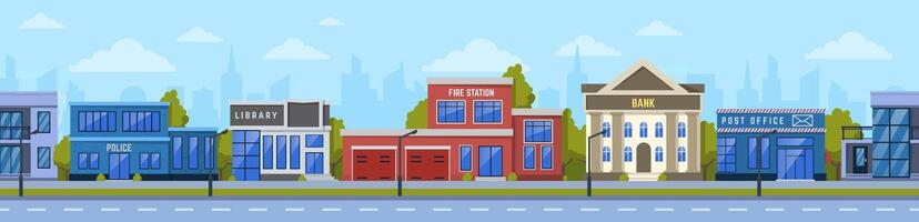 Urban landscape with important municipal buildings providing essential services to citizens, promoting safety, knowledge, emergency response, financial stability, and communication vector