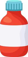 Red plastic medicine bottle with blank white label and blue ribbed cap is standing on a white background, ready for customization and branding for pharmaceutical products vector