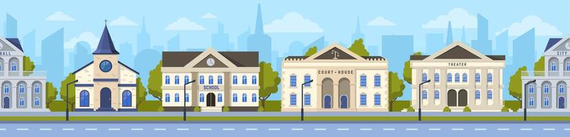 Urban landscape showing a city street with important civic buildings including a school, church, courthouse and theater, representing community services and cultural activities vector