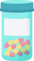Colorful medical capsules are stored inside a transparent medicine bottle featuring a large blank white label, ideal for adding custom text or branding vector