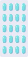 Blister pack containing twenty light blue oval capsules arranged in five rows of four, representing medication, healthcare, and pharmaceutical products vector