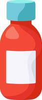 Red medicine bottle with blank white label for adding custom text and light blue screw cap is standing on white background, simple flat illustration vector