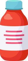 Red plastic medicine bottle with blank white label featuring four pink horizontal lines and light blue cap, promoting health, wellness, and pharmaceutical industry vector