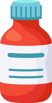 Red medicine bottle with blank label and blue cap is waiting to be filled by a pharmacist, ready for prescription drugs or other medical treatments