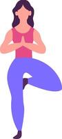 Yoga instructor performing tree pose, balancing gracefully on one leg while placing hands in a prayer position, embodying mindfulness, flexibility, and inner peace vector