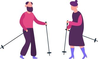 Active seniors enjoying outdoor exercise together, using nordic walking poles to promote fitness and a healthy lifestyle in old age, embracing vitality and wellbeing in nature vector