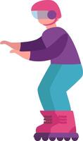 Roller skater wearing a protective helmet and gear is practicing moves, enjoying free time, and having fun while demonstrating skill and balance in a vibrant outdoor setting vector