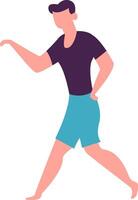 Young barefoot man wearing shorts and a t shirt walks while gesturing with his hand, actively communicating and perhaps explaining something during a leisurely summer day vector