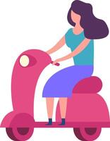 Young woman with long dark hair, wearing a vibrant turquoise t shirt and a flowing violet skirt, joyfully riding a pink scooter while sporting dark socks and stylish shoes vector