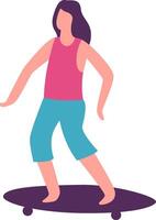Young woman with casual clothing skateboarding with outstretched arms, enjoying her free time in a minimalist and colorful illustration vector