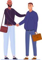 Two businessmen shaking hands after successfully reaching an agreement, holding briefcases while concluding a productive business negotiation in a corporate office setting vector