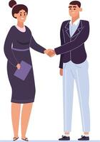 Businesswoman and businessman shaking hands to finalize a deal after a productive meeting, celebrating the successful signing of a contract and establishing a strong partnership vector