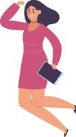 Happy businesswoman jumping, holding tablet in one hand and raising the other arm, celebrating success in business and technology, expressing joy and achievement vector