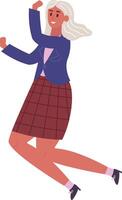 Successful businesswoman with blond hair wearing a skirt and jacket is jumping to celebrate a victory, expressing joy and enthusiasm for achieving her goals vector