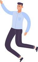 Office worker celebrating a significant achievement, jumping with one hand raised high, radiating joy and enthusiasm while smiling broadly, embodying positive energy and motivation vector