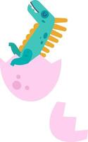 Turquoise and teal baby dinosaur with a vibrant orange crest hatching from a light pink egg, creating a delightful scene in an isolated illustration on a clean white background vector