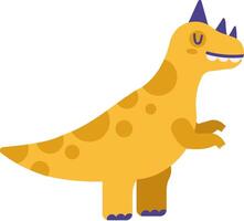 Stylized illustration of a yellow ceratopsian dinosaur standing on two legs, showing its teeth in a funny smile, with purple horns and claws, suitable for children products vector