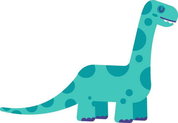 Cartoon illustration featuring a friendly brontosaurus with turquoise skin and purple spots, walking and smiling, ideal for children's books and educational projects