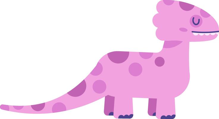 Cartoon illustration of a friendly pink dinosaur with purple spots standing and smiling happily, showing its teeth, in a simple and minimalist style