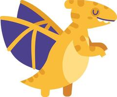 Cartoon illustration of a smiling pterodactyl dinosaur flapping its purple and yellow wings, showing teeth and claws, isolated on white background vector