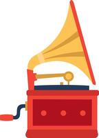 Red and gold vintage gramophone playing music, with a hand crank on the side and a large horn, isolated on a white background, representing nostalgia and old technology vector