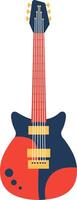 Colorful electric guitar with red neck and fingerboard, blue body and pickups, standing vertically against white background, representing music, rock and roll, and entertainment vector