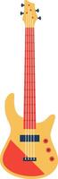 Electric bass guitar with red fingerboard and yellow body standing vertically on white background, musical instrument with strings and tuning pegs vector