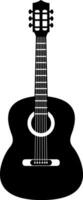 Vertical black and white silhouette of a classical guitar, highlighting the sound hole, strings, fretboard, headstock, and tuning pegs in a striking minimalist design vector