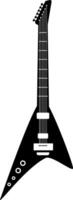 Black silhouette of a Flying V electric guitar, known for its distinctive pointed shape, contrasts sharply against a clean white background vector
