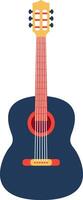 Colorful illustration of a blue acoustic guitar with red fretboard, sound hole and bridge standing vertically against a white background, music instrument concept vector